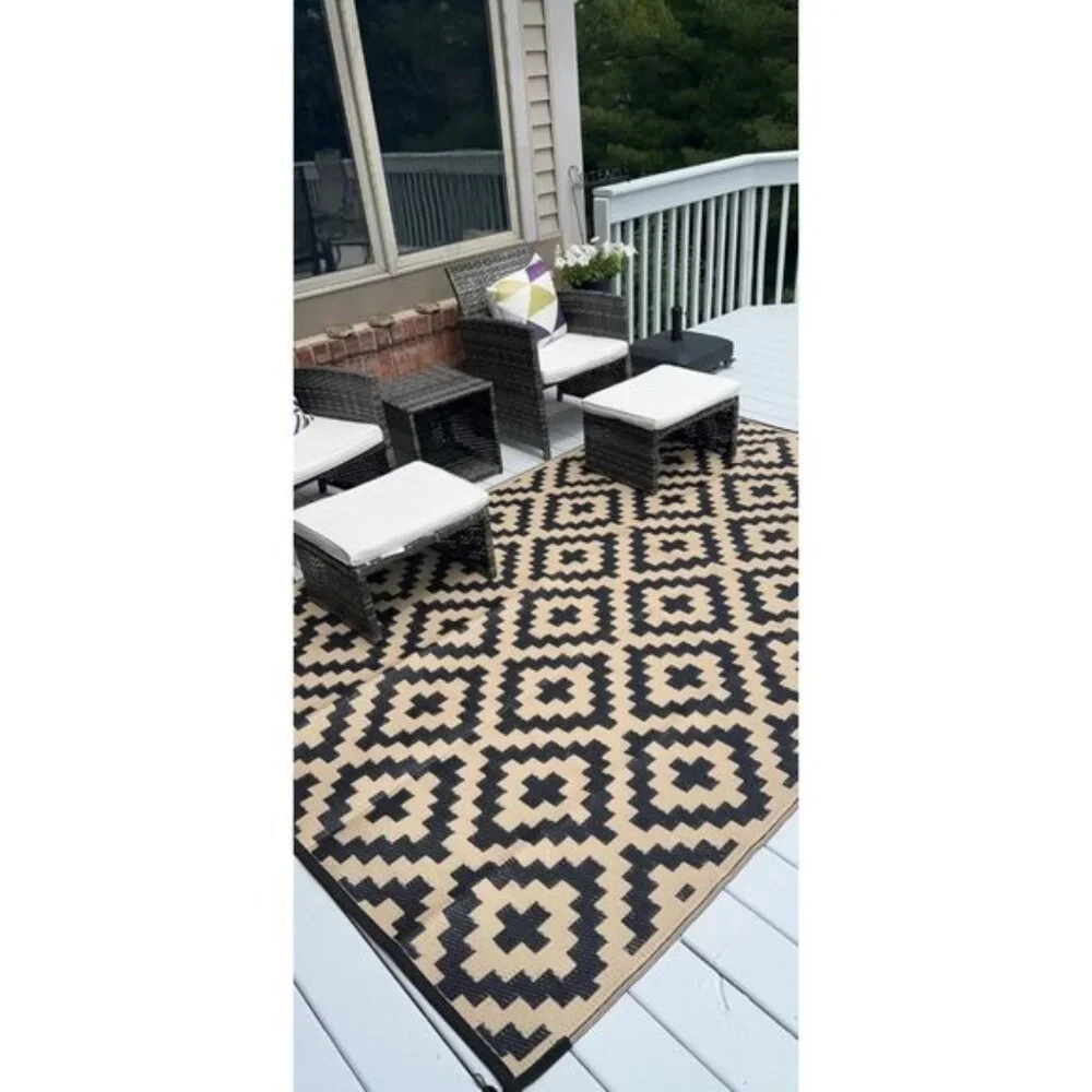 New Plastic Straw Rug Modern Black & Beige 6x9 Area Floor Mat for Indoor/Outdoor